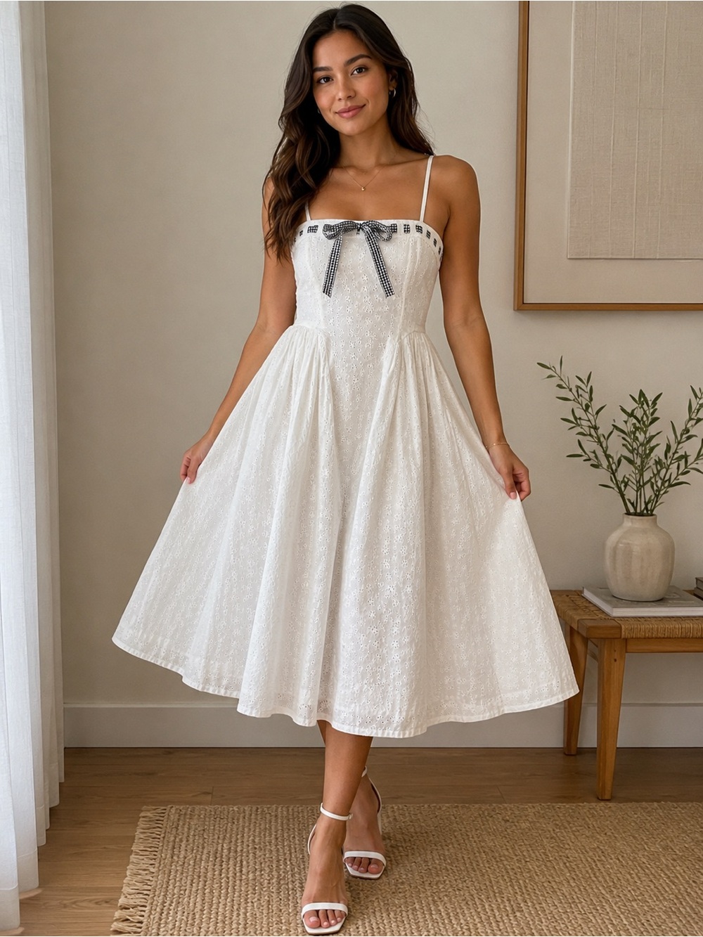 For Love & Lemons White Midi Dress with Gingham Bow